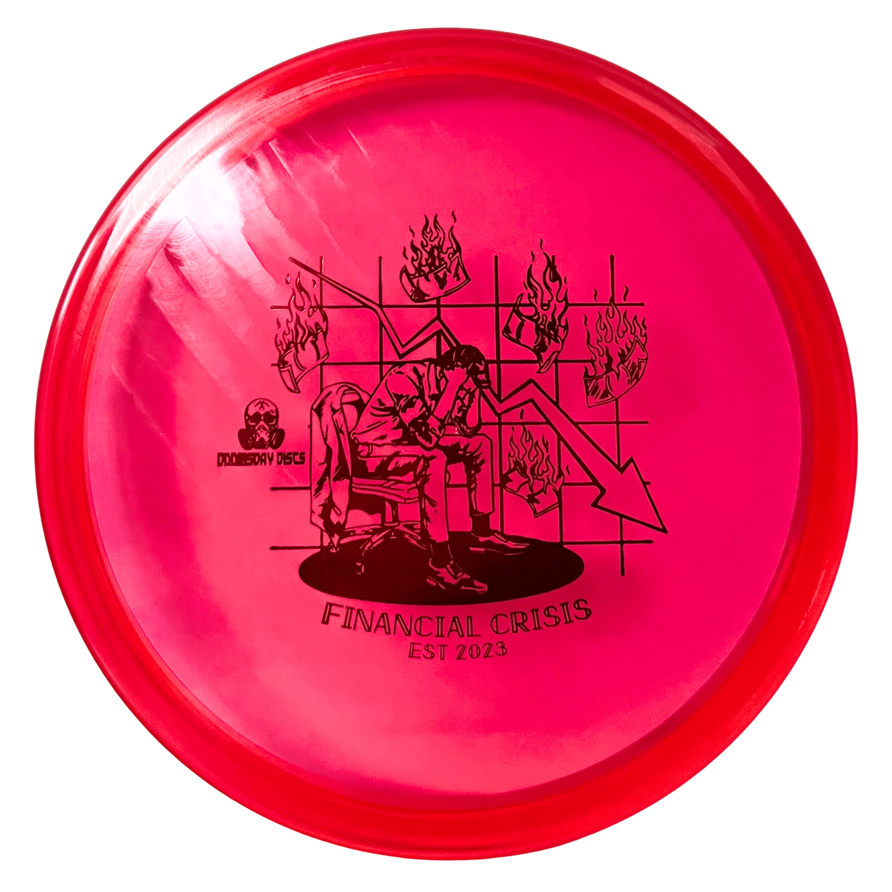 Financial crisis disc golf disc showing economic downturn.