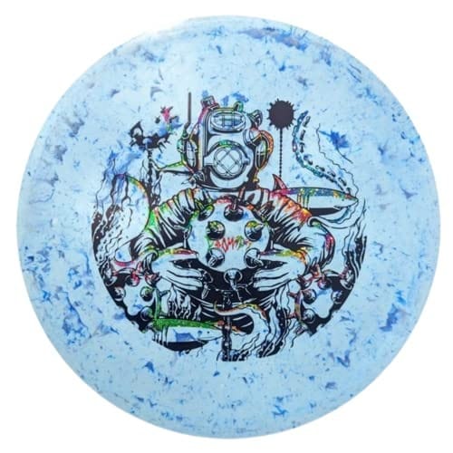 Blue disc golf disc with depth charge diver graphic