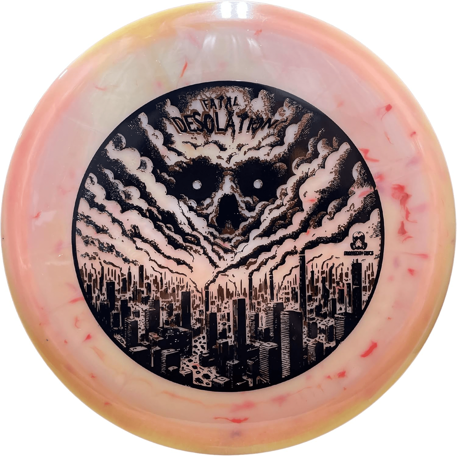 Fatal Desolation disc golf disc with skull and city design