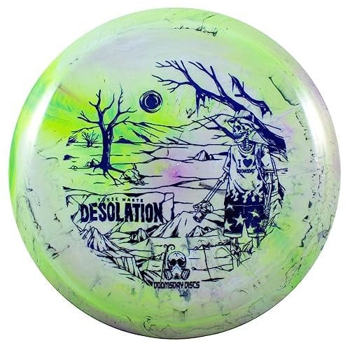 Desolation toxic waste disc golf disc with skeleton and wasteland design.