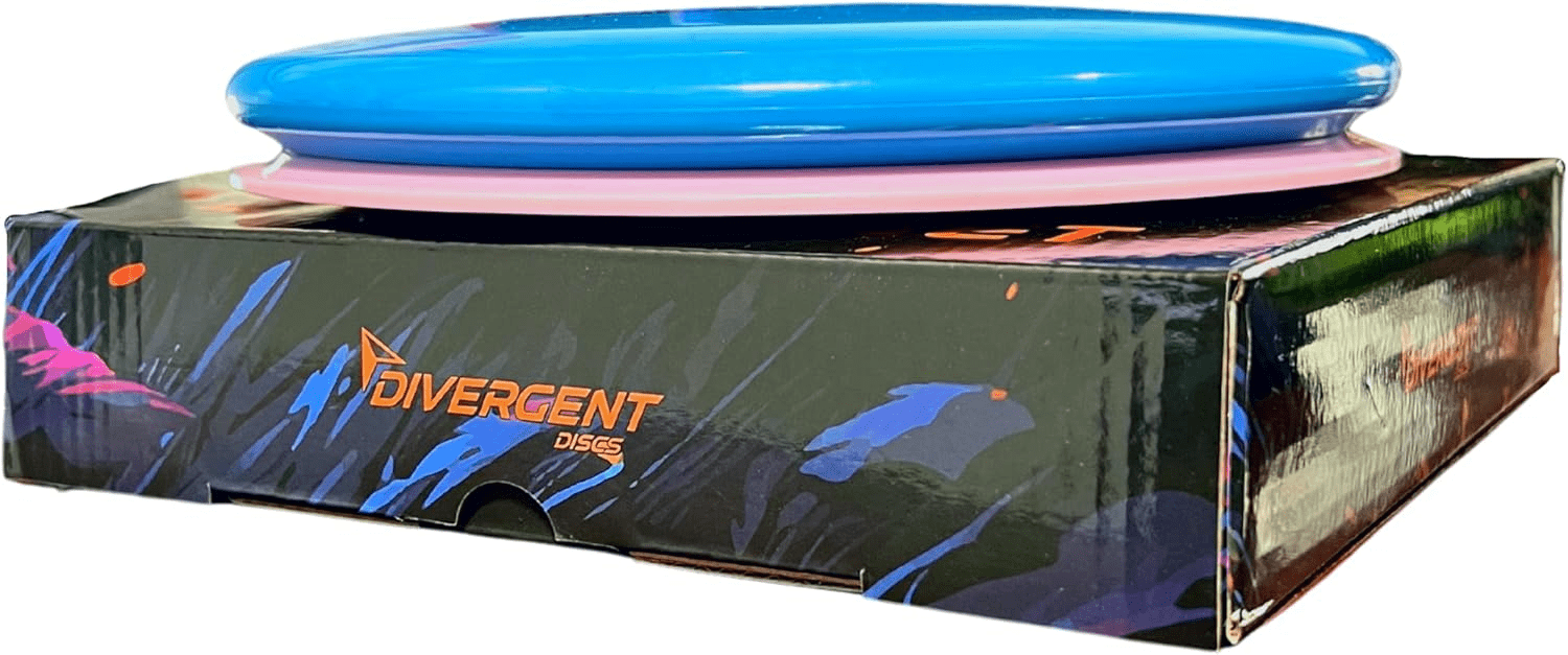 Divergent Discs disc golf set on box, variety of colors.