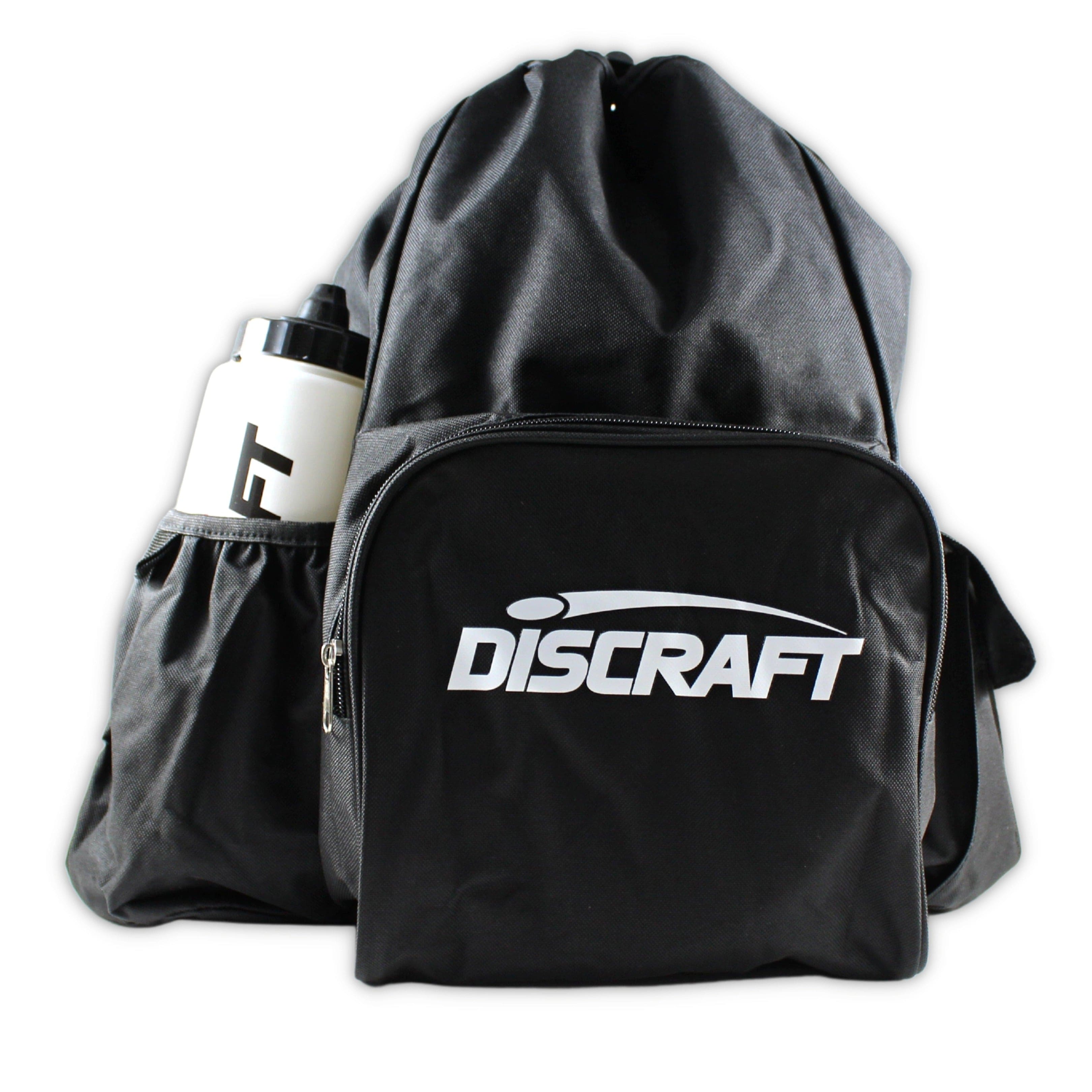 Black Discraft drawstring bag with water bottle