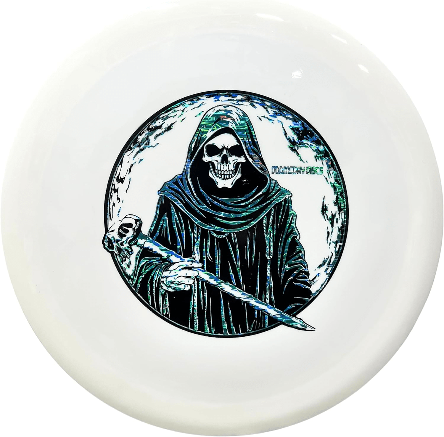 White Dystopia disc golf disc with Reaper graphic