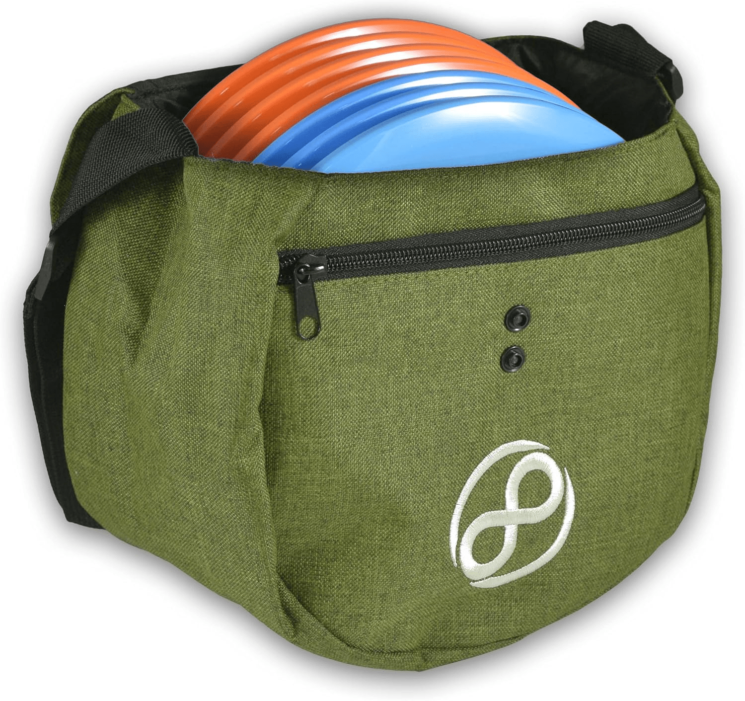 Green disc golf bag with discs
