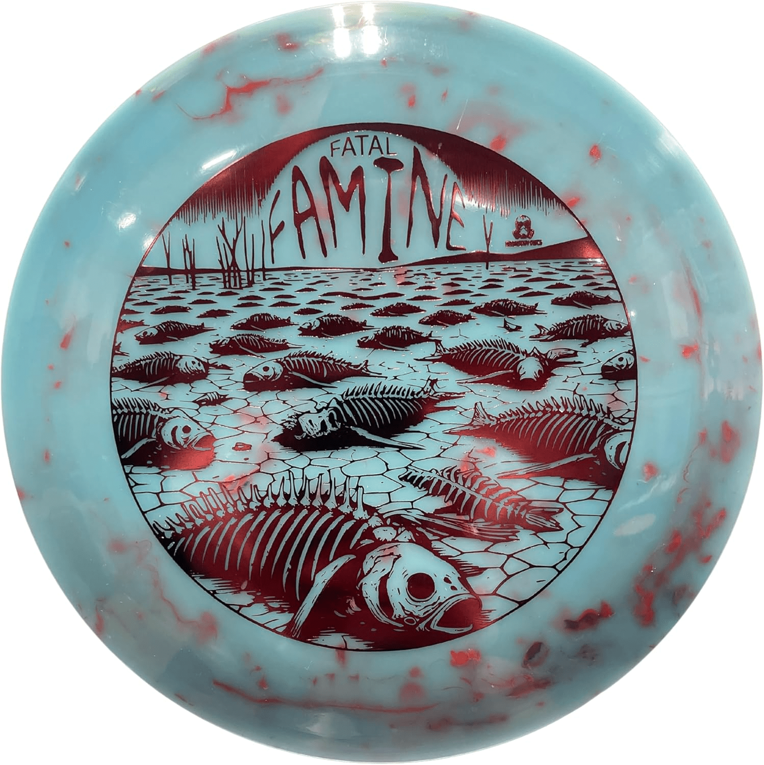 Fatal Famine disc golf disc with dead fish graphic.