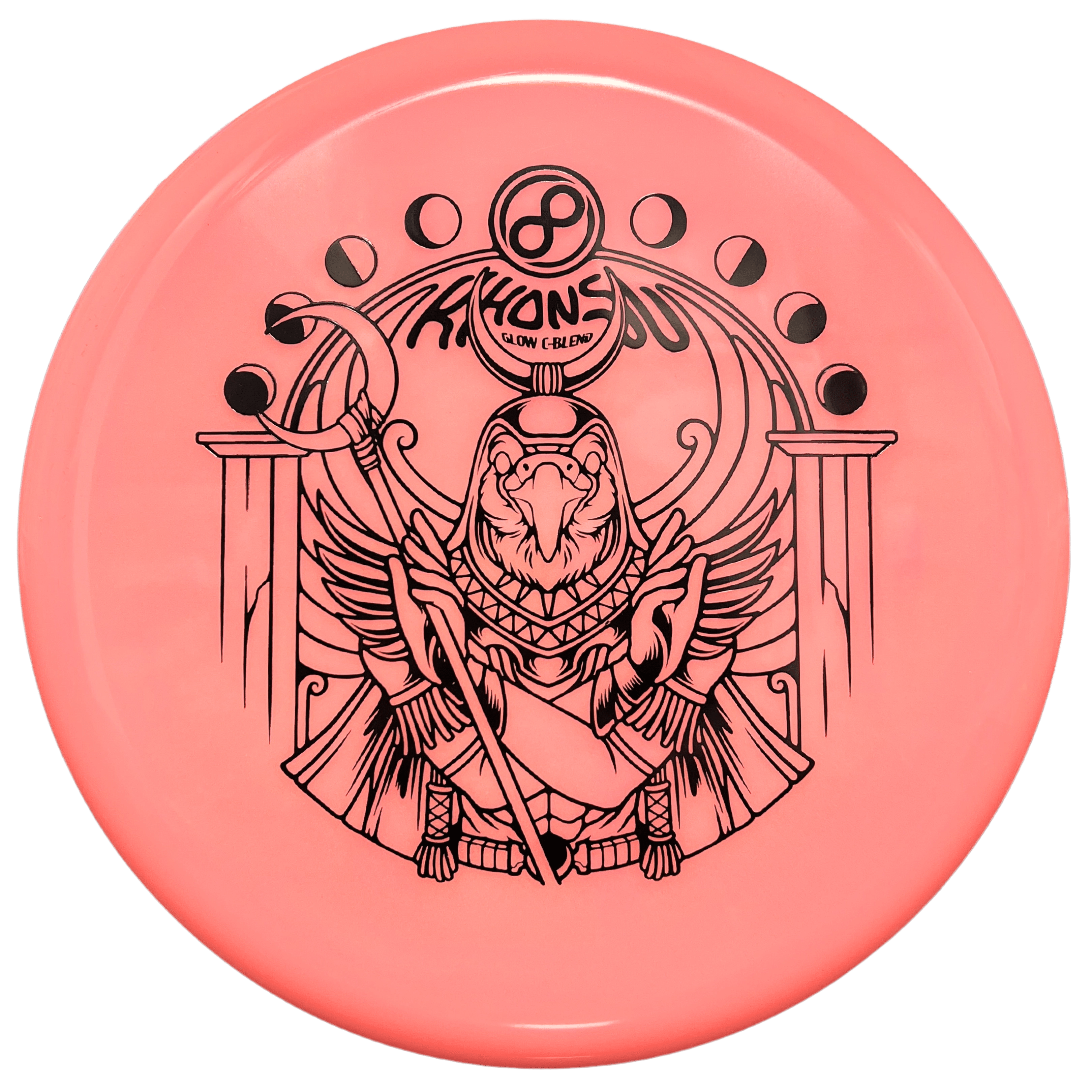 Pink glow Khonsu disc golf disc on white background