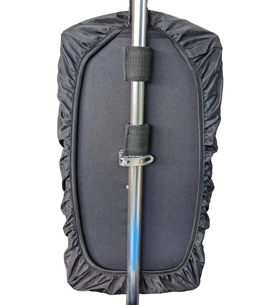 Medium rainfly back view with pole and straps