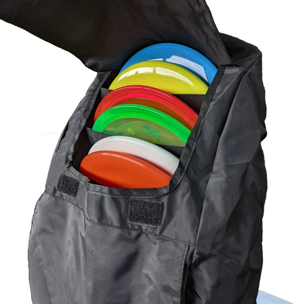 Rainfly top pocket with colorful disc golf discs
