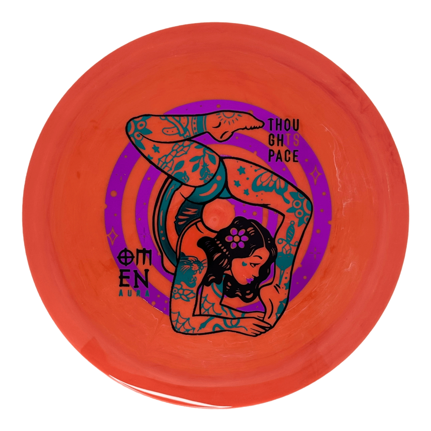 Omen Aura Orange disc golf disc with woman illustration.