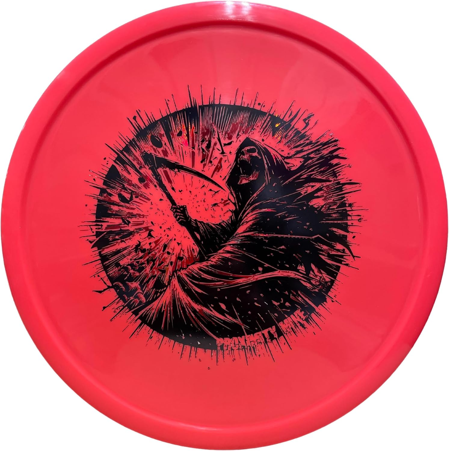 Red disc golf disc with Grim Reaper design.