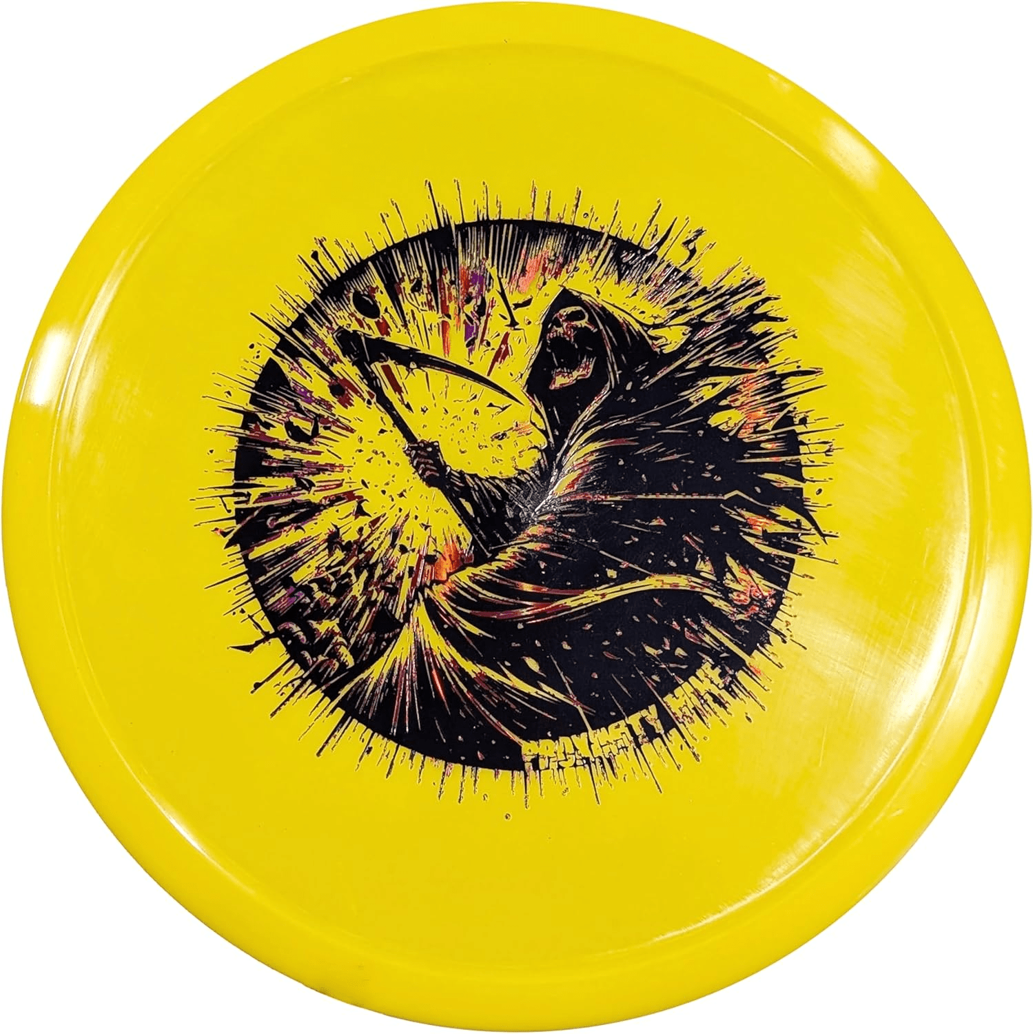 Yellow disc golf disc with Grim Reaper design