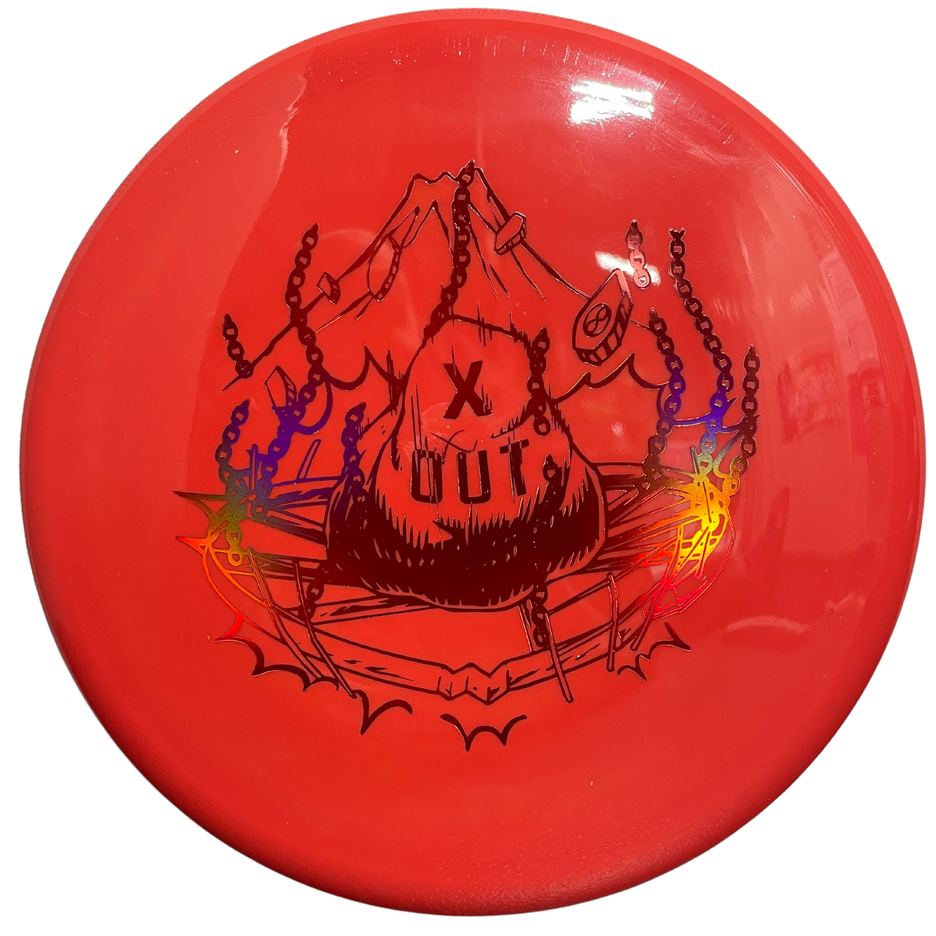 Red disc golf disc with XOUT design