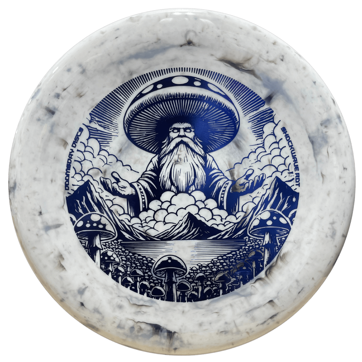 Disc golf disc with wizard and mushroom art, rot design