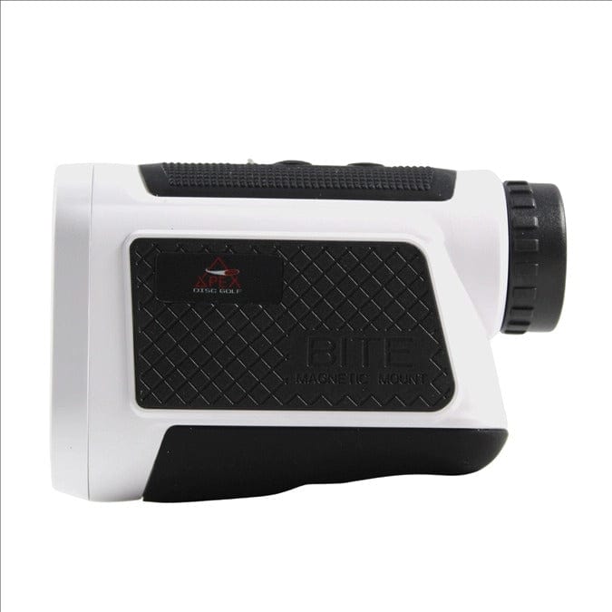 Side view of white and black golf rangefinder
