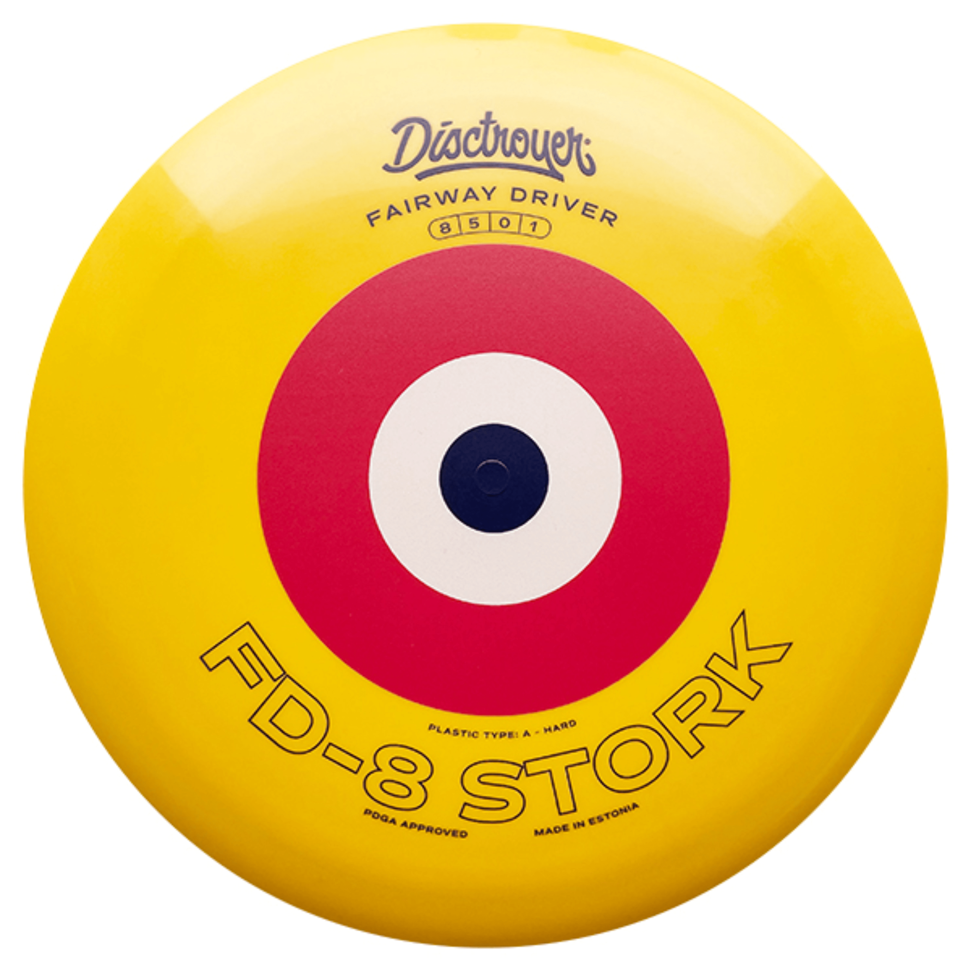 Yellow FD-8 Stork disc golf fairway driver