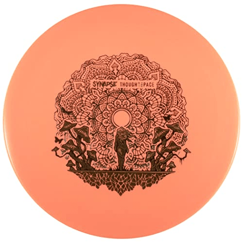 Synapse Aura disc golf disc in orange and pink with detailed design.