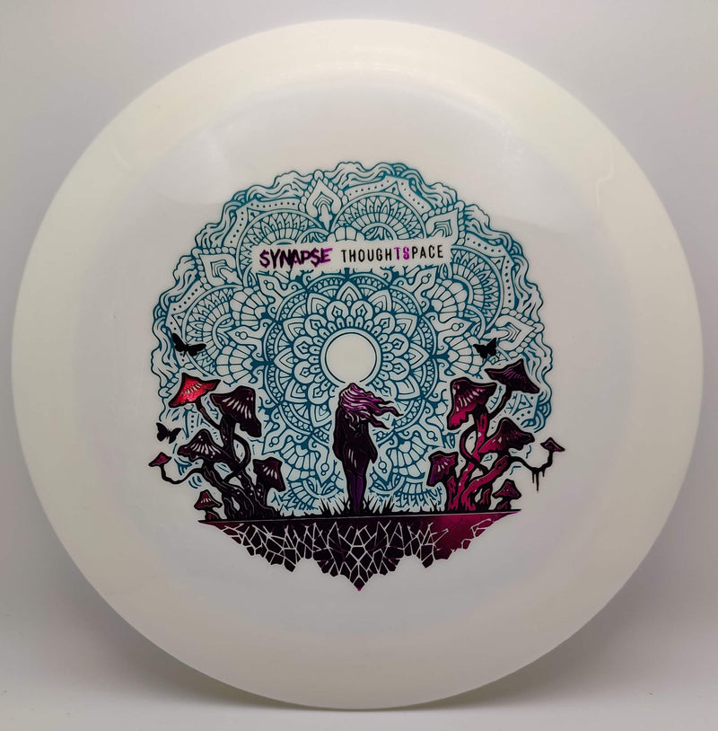 White Synapse Aura disc golf disc with mandala art.