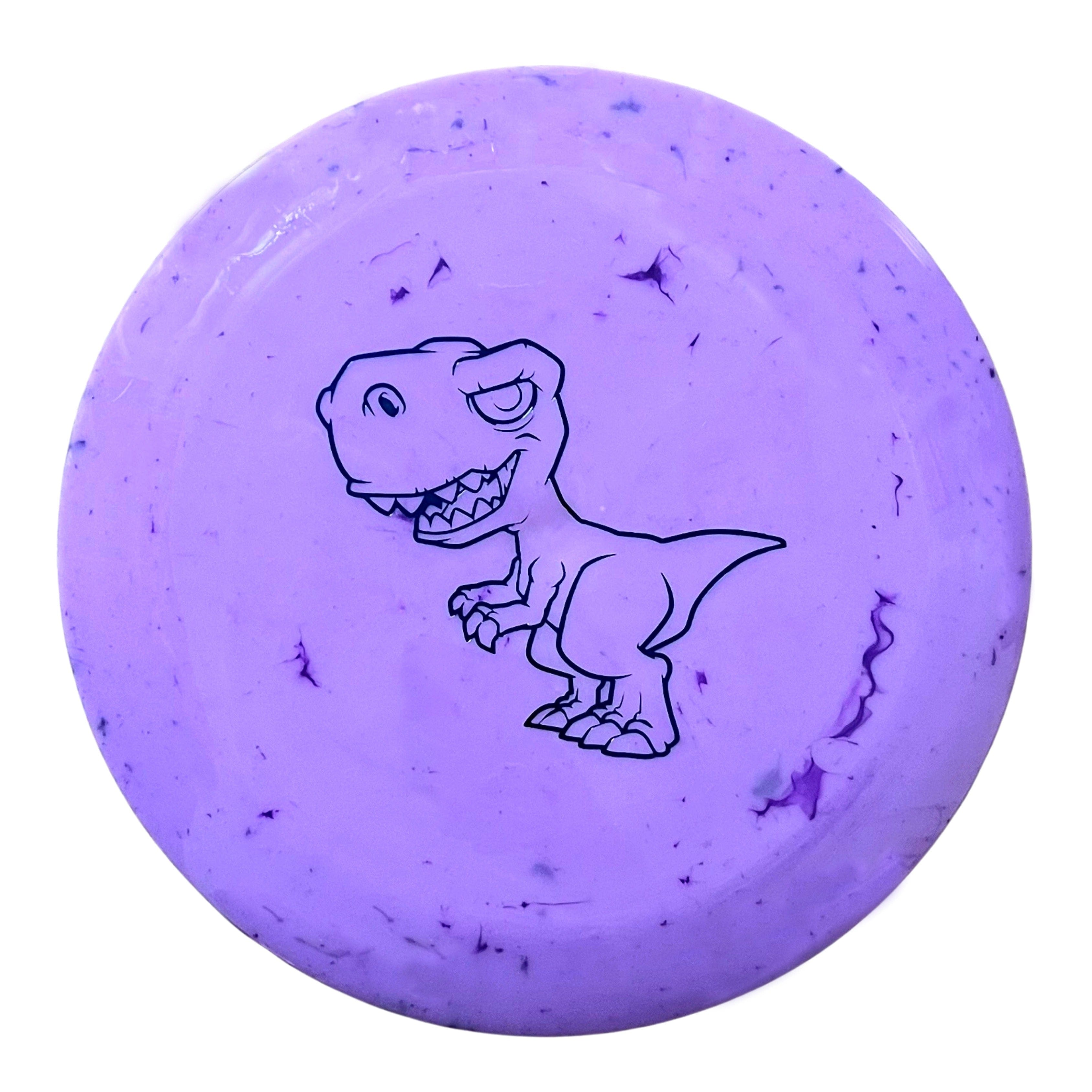 Purple disc golf disc with T-Rex egg cartoon graphic