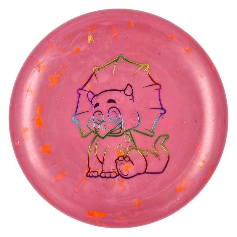 Pink disc golf disc with cartoon triceratops design