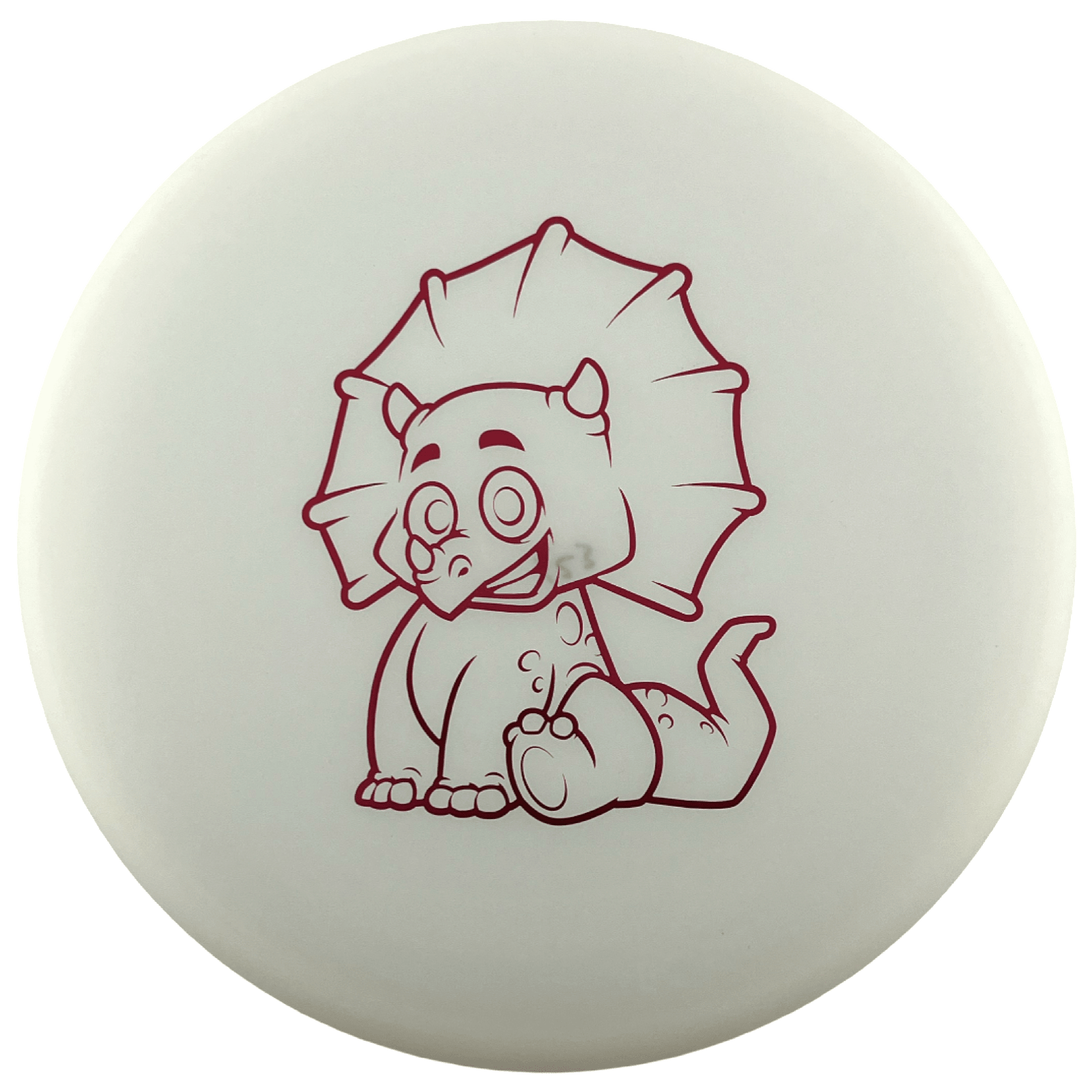 Glow-in-the-dark disc golf disc featuring a cute triceratops cartoon.