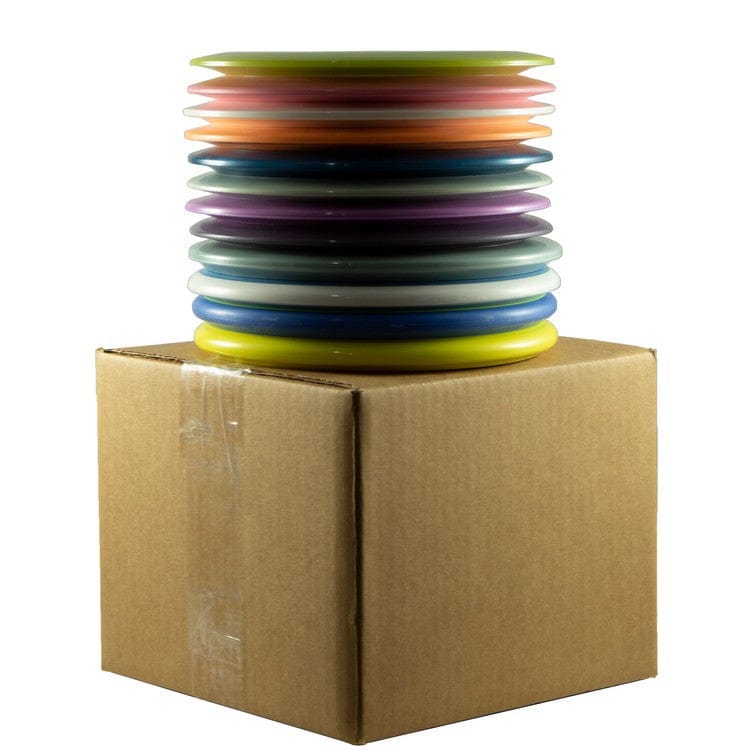 Stack of colorful disc golf discs on box