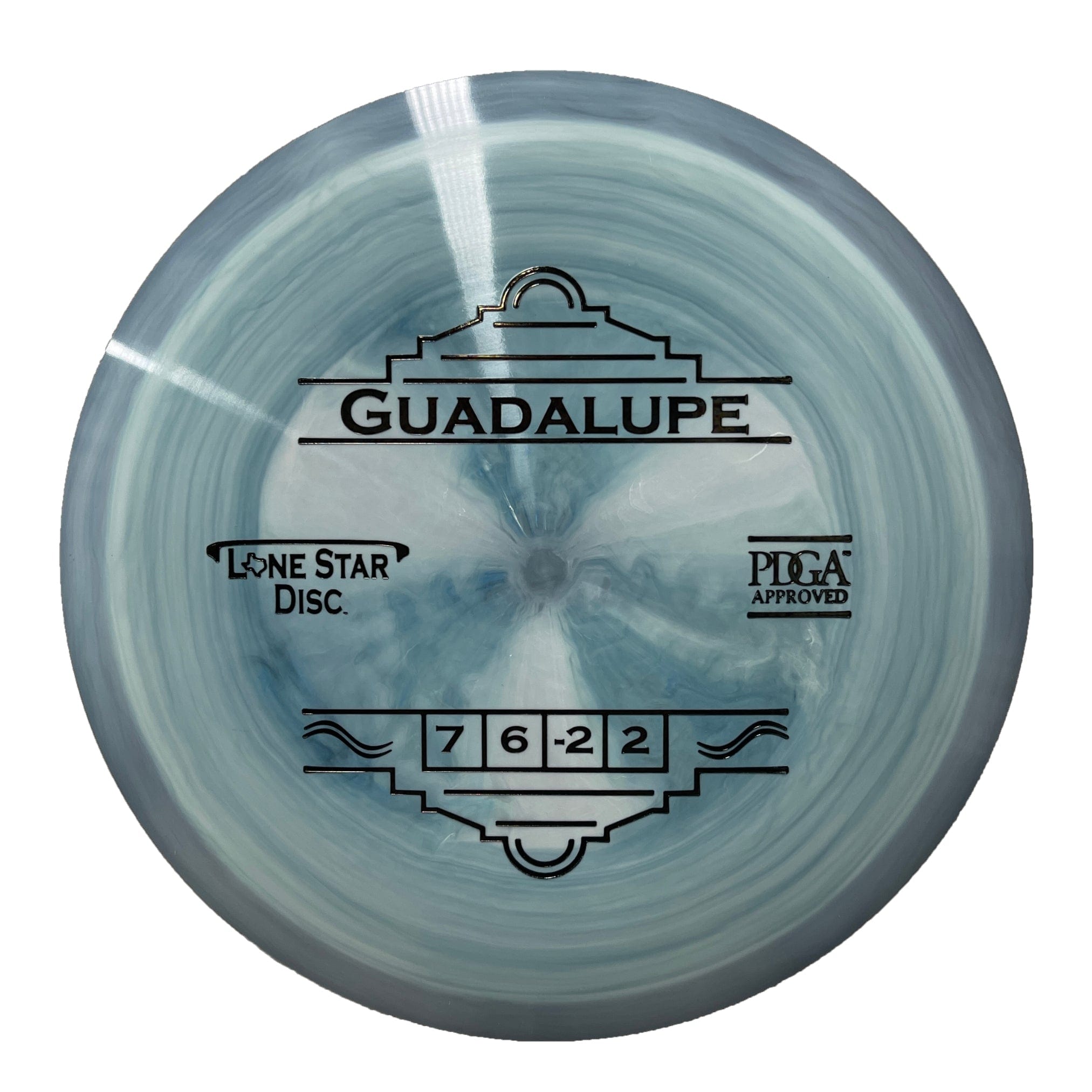 Blue and white disc golf disc with text.